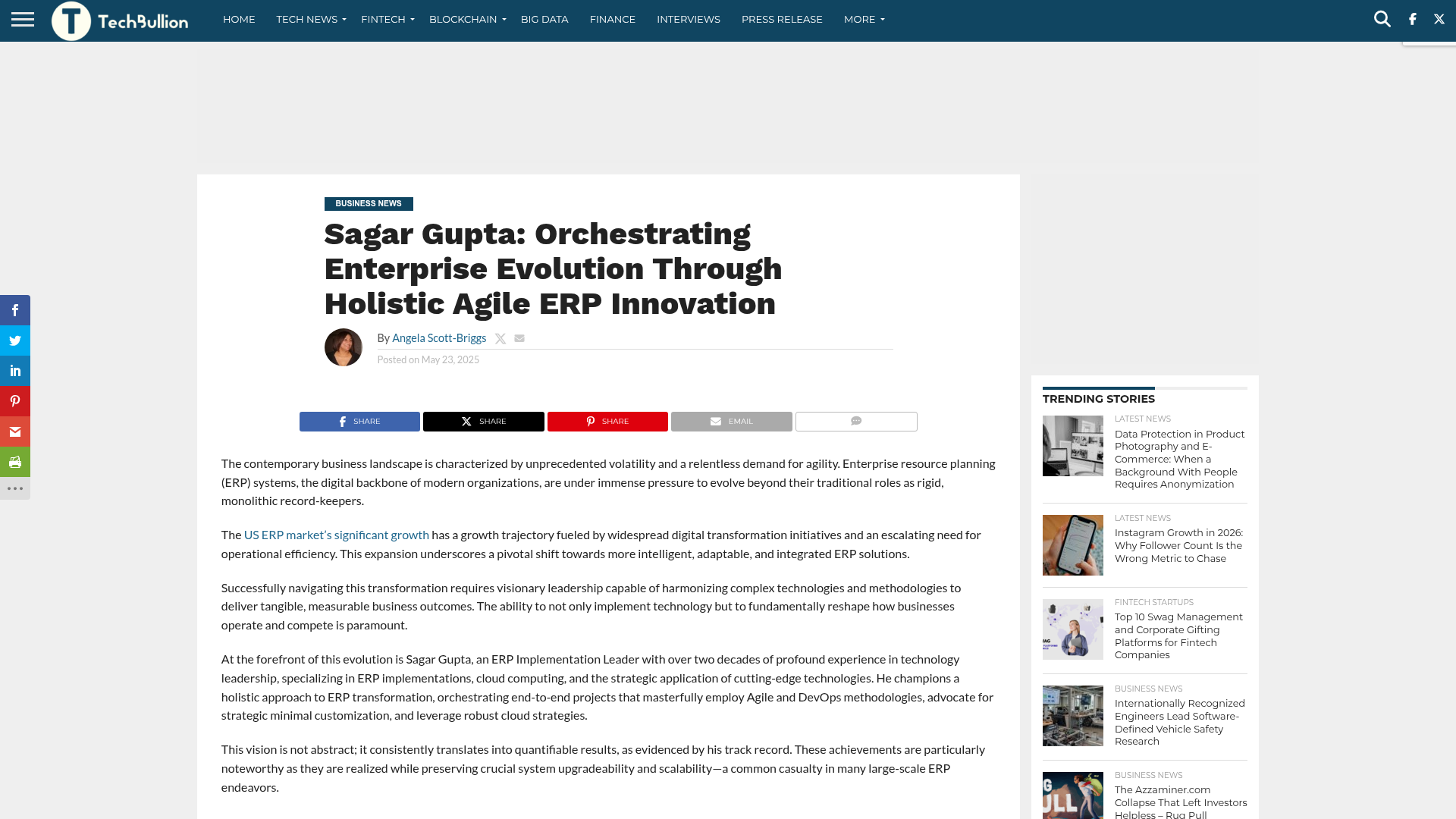 TechBullion — Sagar Gupta: Orchestrating Enterprise Evolution Through Holistic Agile ERP Innovation