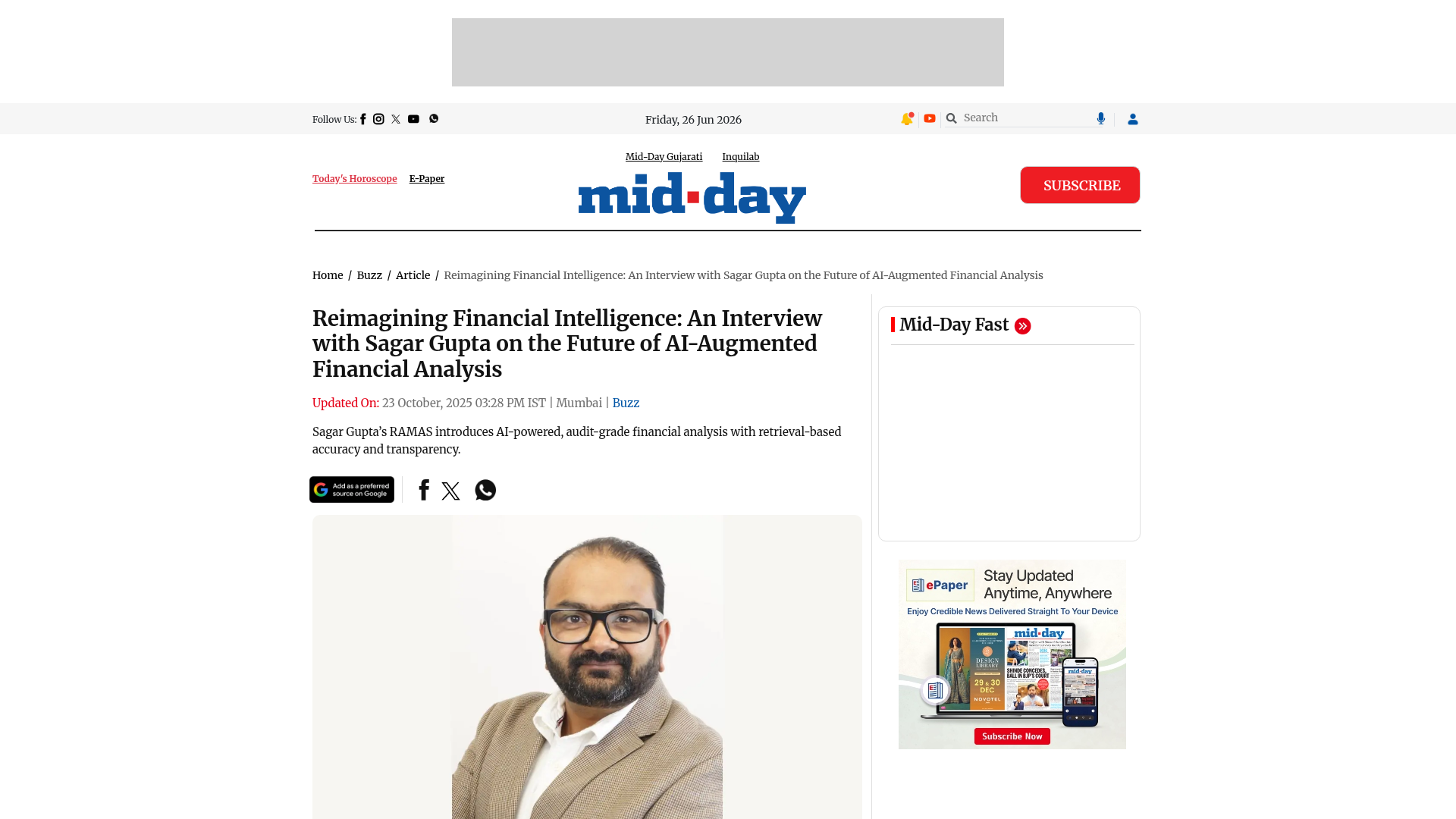 Mid-Day — Reimagining Financial Intelligence: An Interview with Sagar Gupta on the Future of AI-Augmented Financial Analysis