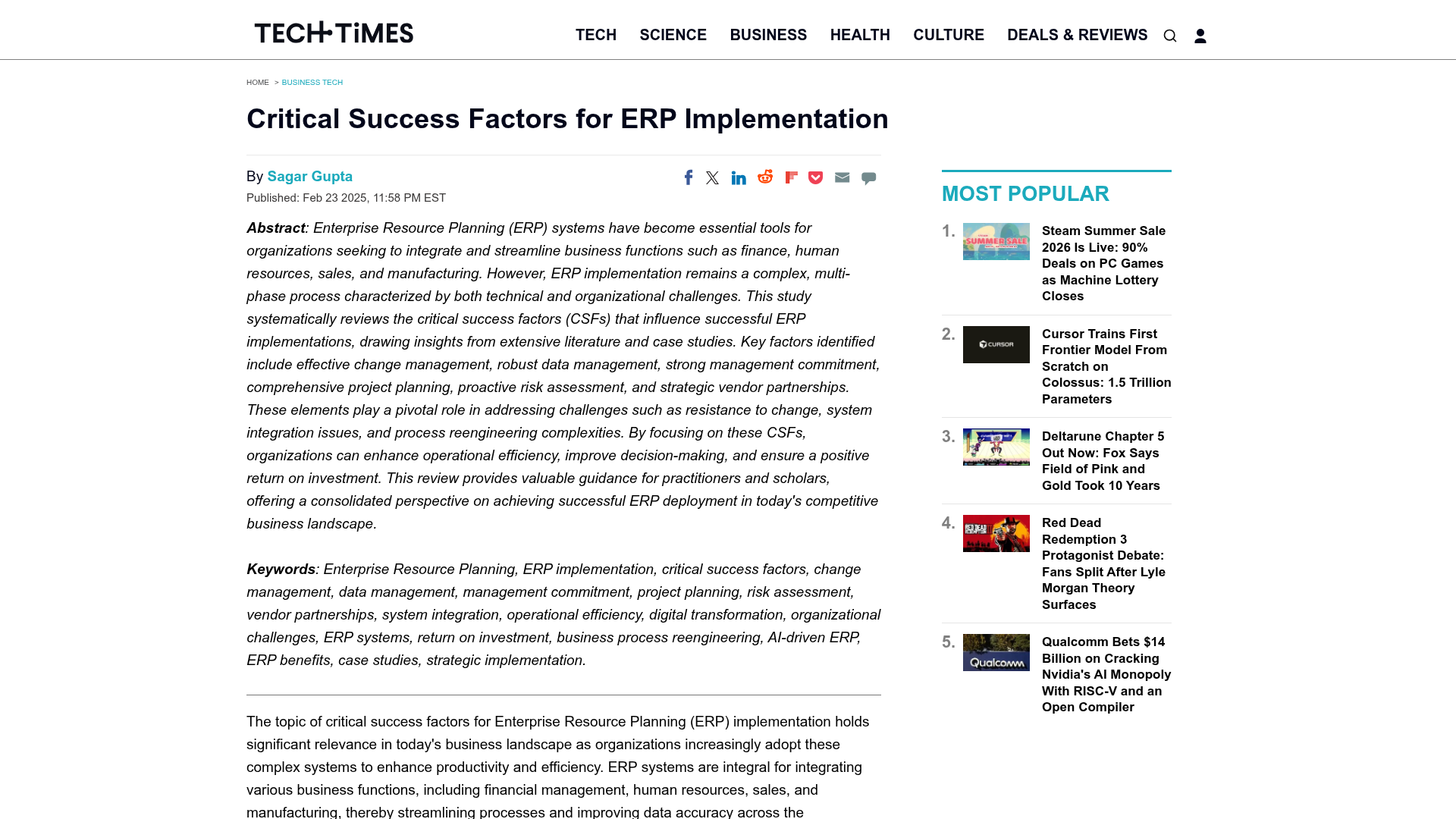 Tech Times — Critical Success Factors for ERP Implementation